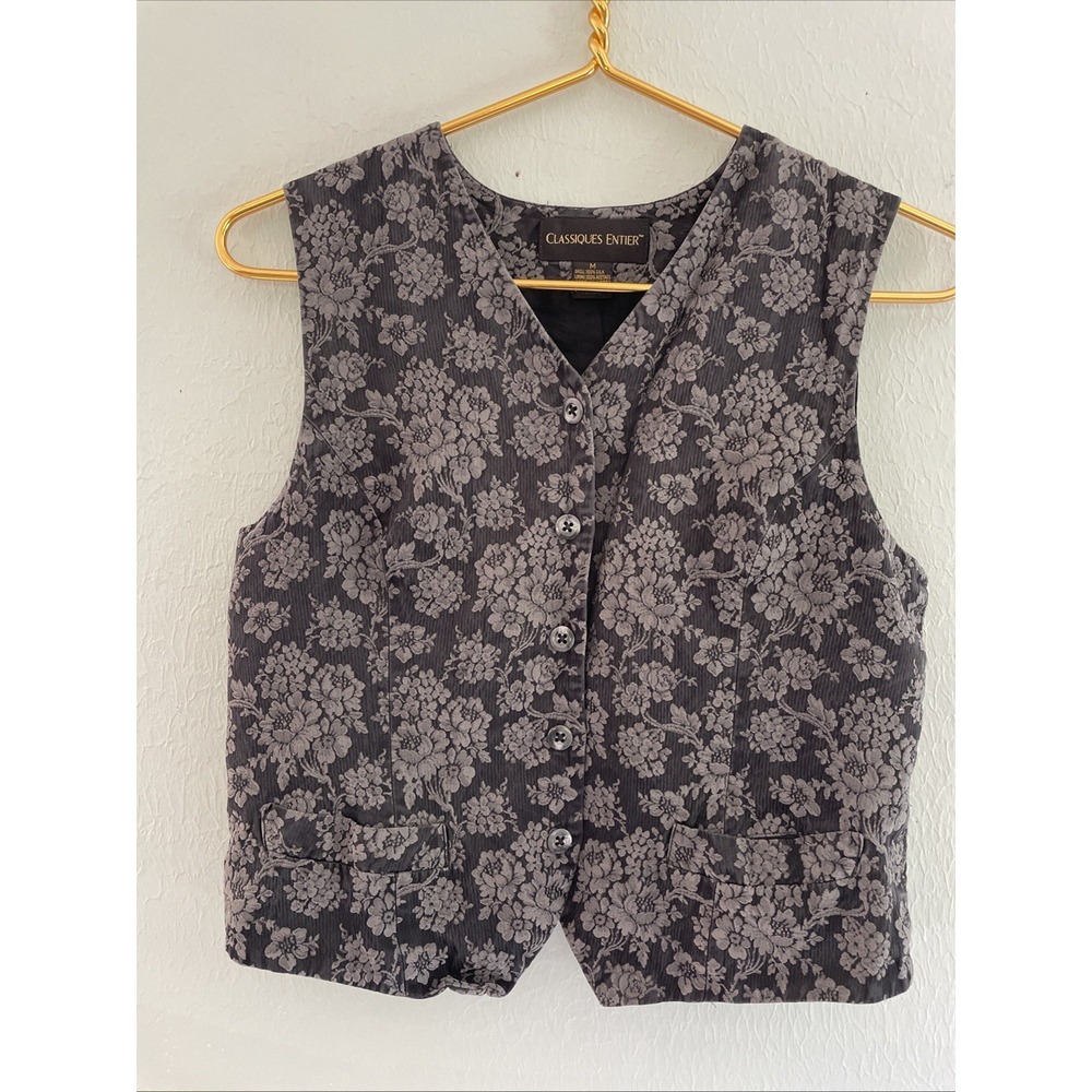 Classiques Entier Silk Button Up Vest Blouse Black Floral Indie V Neck M